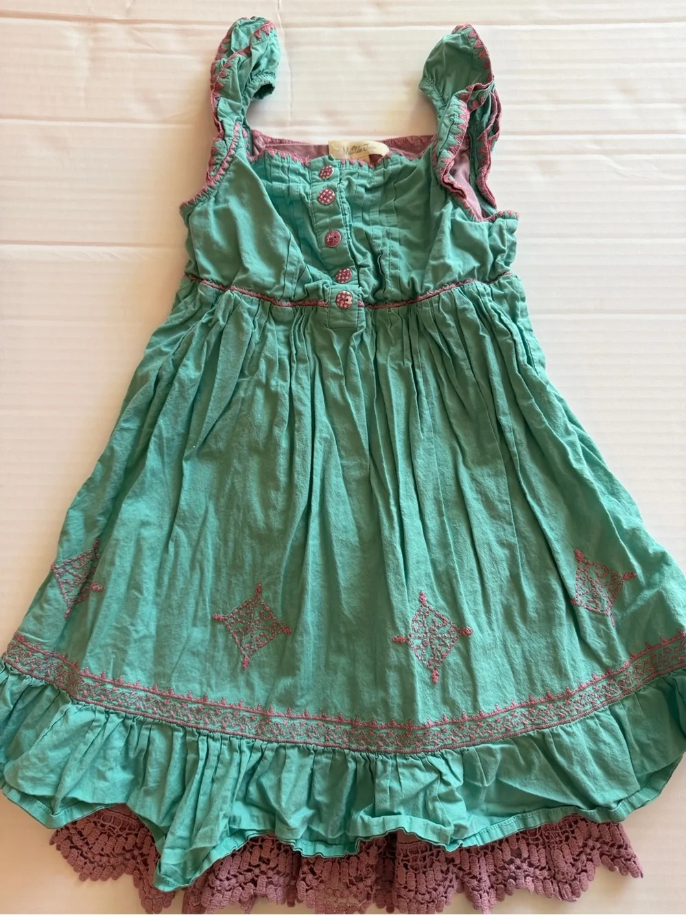 Matilda Jane Teal Dress with Pink Crochet Hem